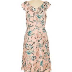 LOFT Pink Floral Ruffle Midi Dress